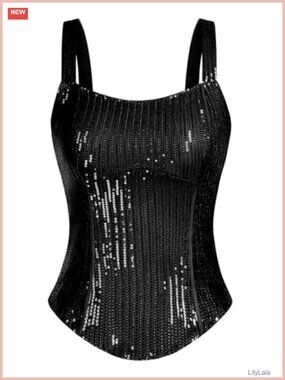 Sequin Corset Tank Top Square Neck Sleeveless Party Top